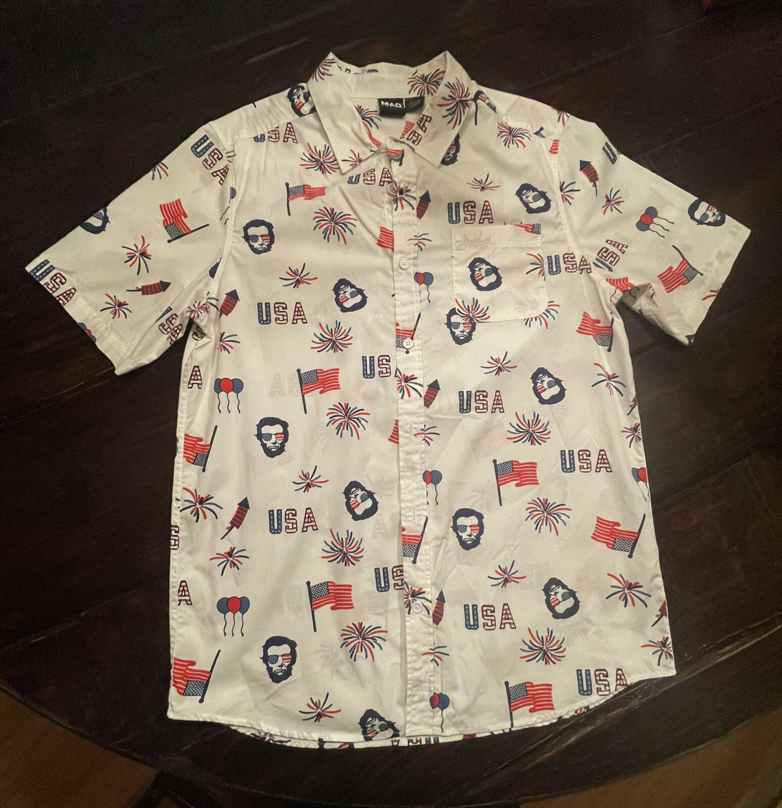 Mad Engine shirt sz Large Cottton Button Front USA Abraham Lincoln July 4th NWOT