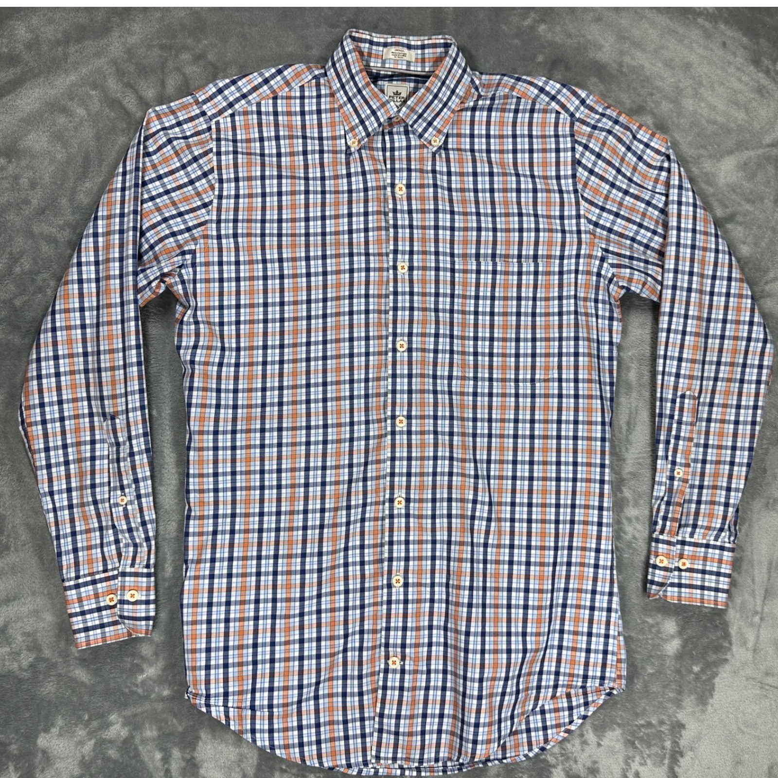 Peter Millar Mens Plaid Button Down Shirt Small Navy Orange Cotton MF15W100CBL