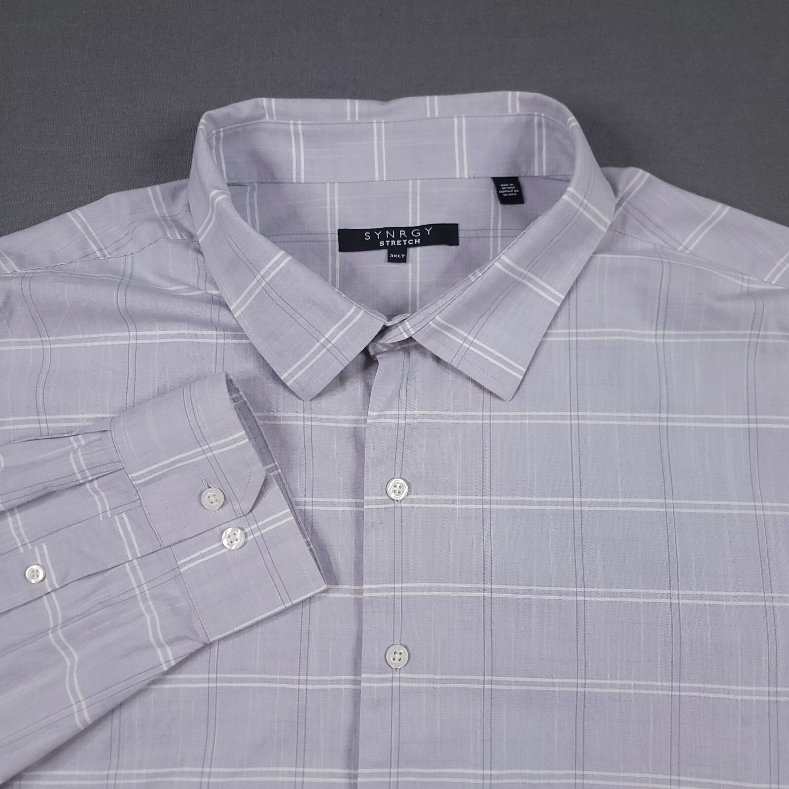 Synrgy Men’s 3XLT Stretch Button-Up Long Sleeve Shirt Gray White Plaid