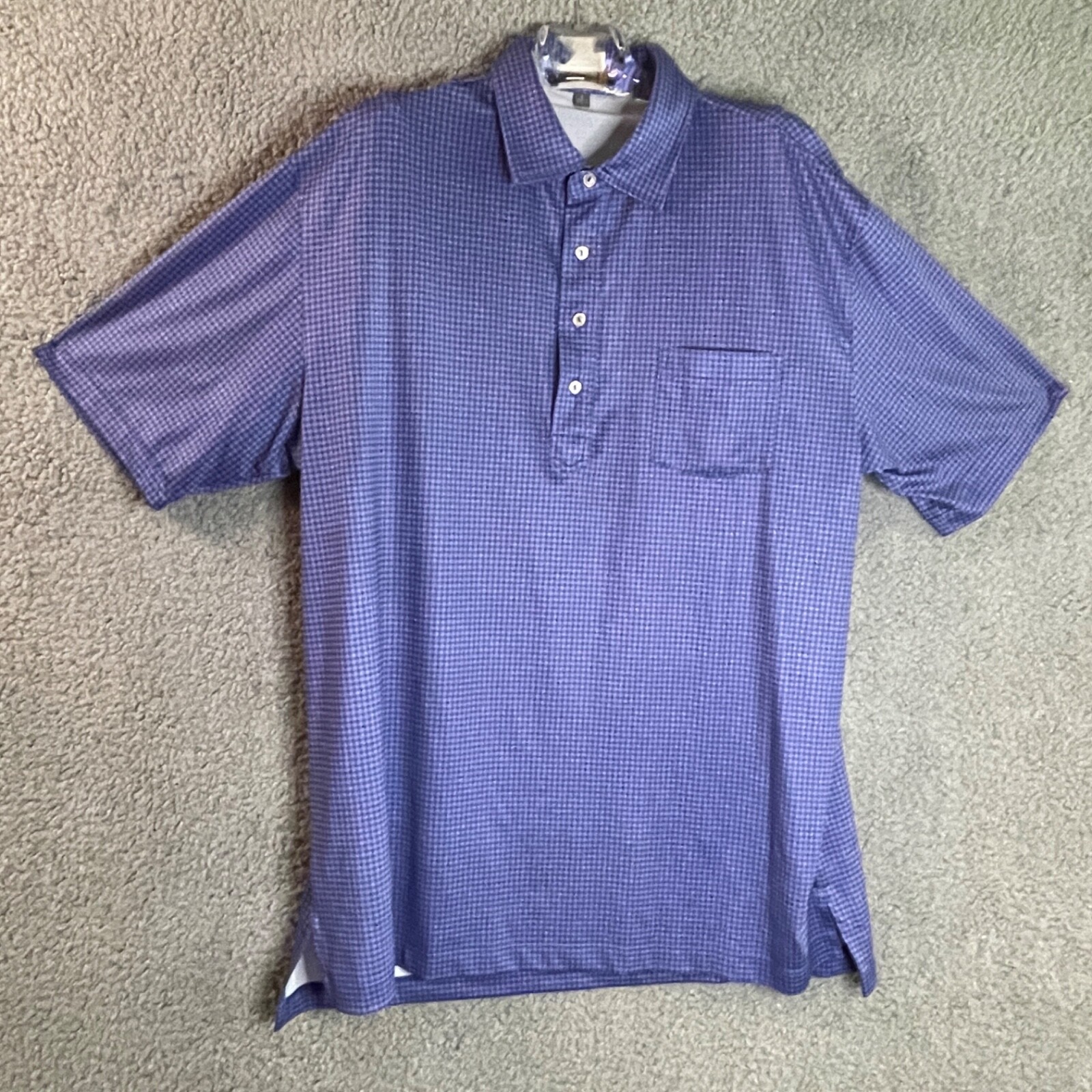 Peter Millar Mens Polo Golf Shirt L Blue Purple Checked Summer Comfort Logo Cool