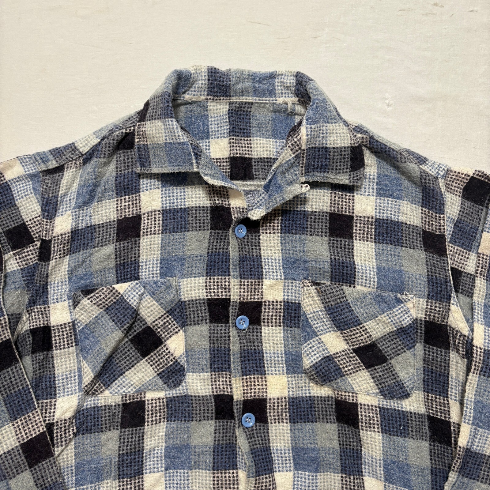 VTG 60’s Sanforized Cotton Loop Collar Plaid Flannel Shirt Men’s S Blue