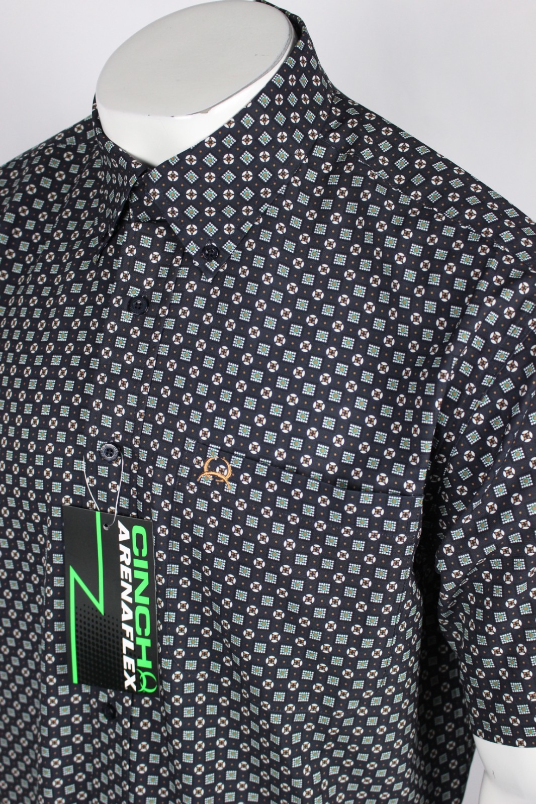 Cinch Men’s ArenaFlex Button Down Shirt Short Sleeve Navy Blue Geo