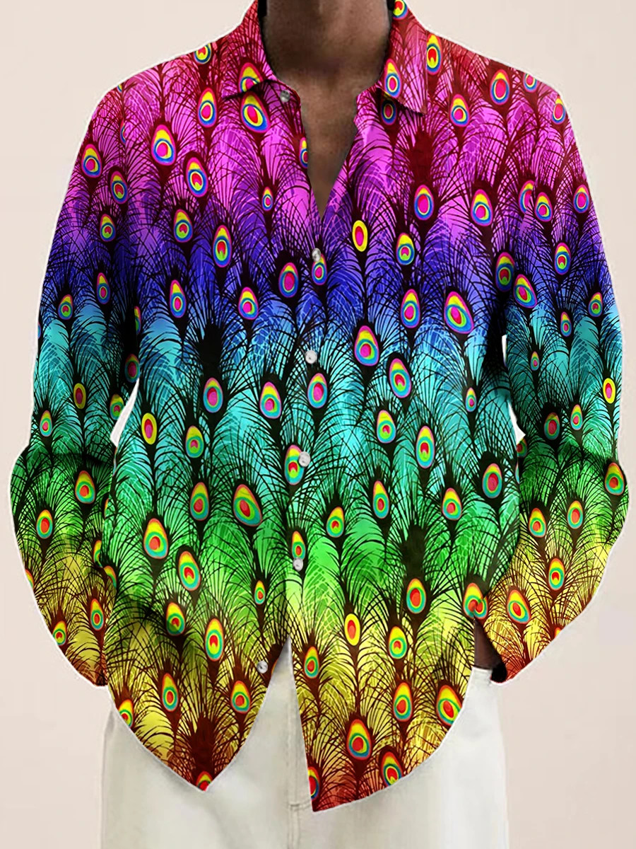 Button Down Shirt Men Peacock Feather Design Luxury Long Sleeve Button Tops