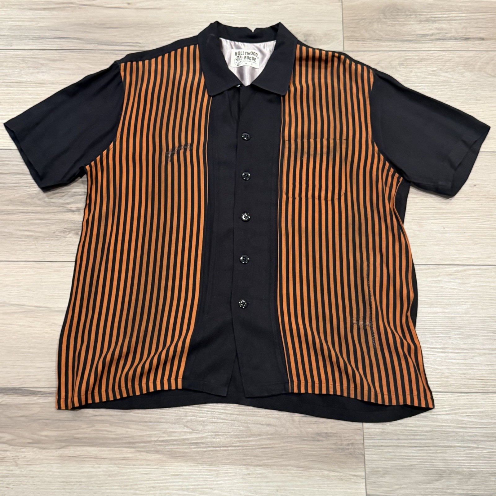 1950’s Style Hollywood Rogue Collar Shirt Black Orange Button Up Stripe Distress