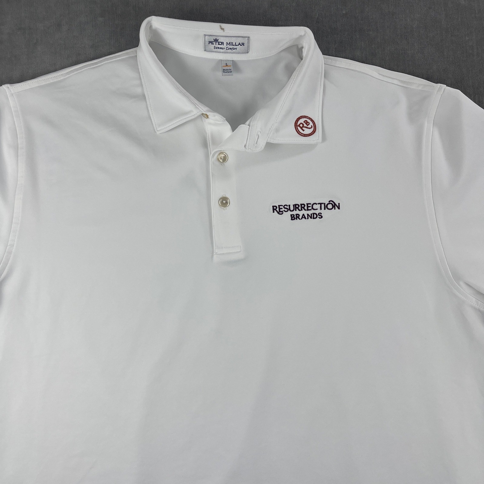 Peter Millar Mens L White Polo Shirt Summer Comfort Resurrection Brands Logo