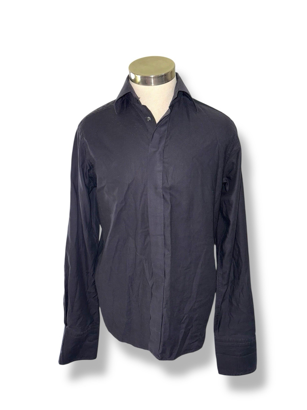Eton Dress Shirt Micro Dot Concealed Button sz 39 15.5 Slim Fit Navy/Black*