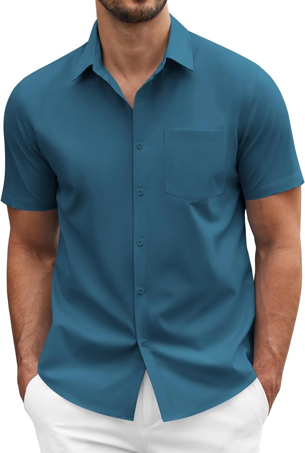 Mens Short Sleeve Dress Shirt Non Shrink Stretch Untucked Casual Button Down