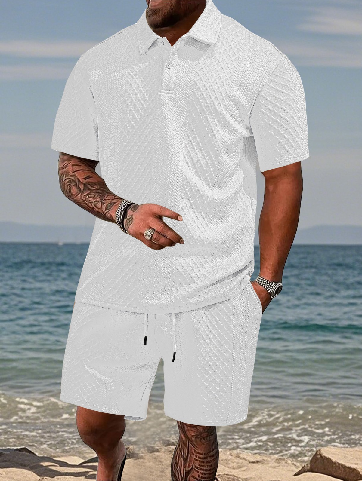 New Summer Thin Plaid Collar Men’s Sports Short-Sleeve Set