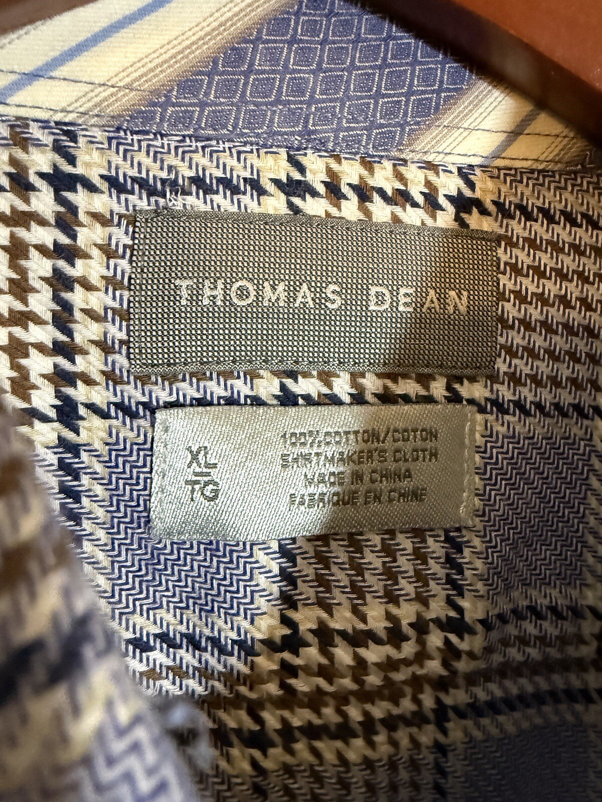 Thomas Dean Dress Shirt XL 100% Cotton Blue Brown Herringbone Spring Summer Fall
