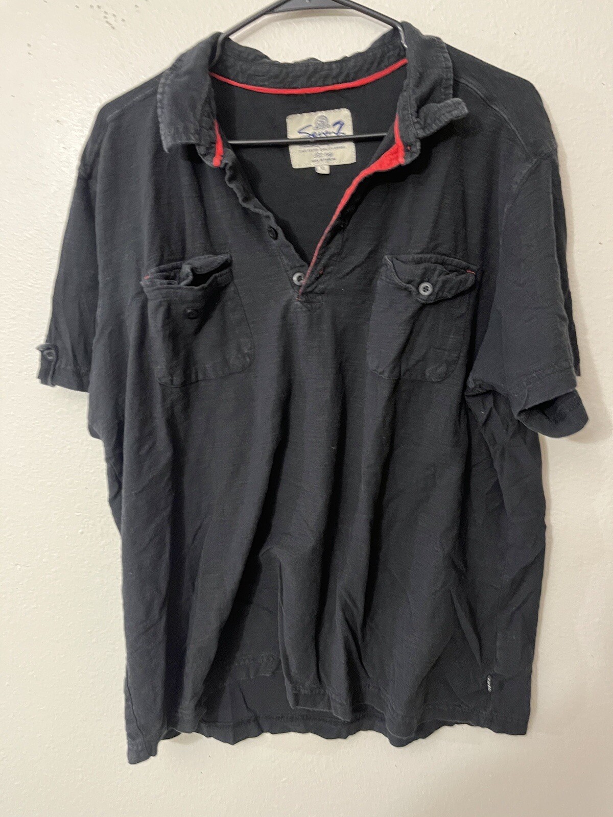 Seven7 Mens XL Black Polo Shirt Pullover 4 Button Short Sleeve Chest Pockets