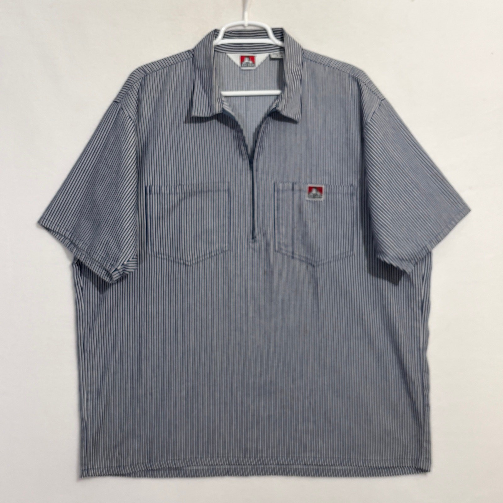 BEN DAVIS Mens Vtg Black White Pinstripe 1/4 Zip Short Sleeve Work Shirt XL USA