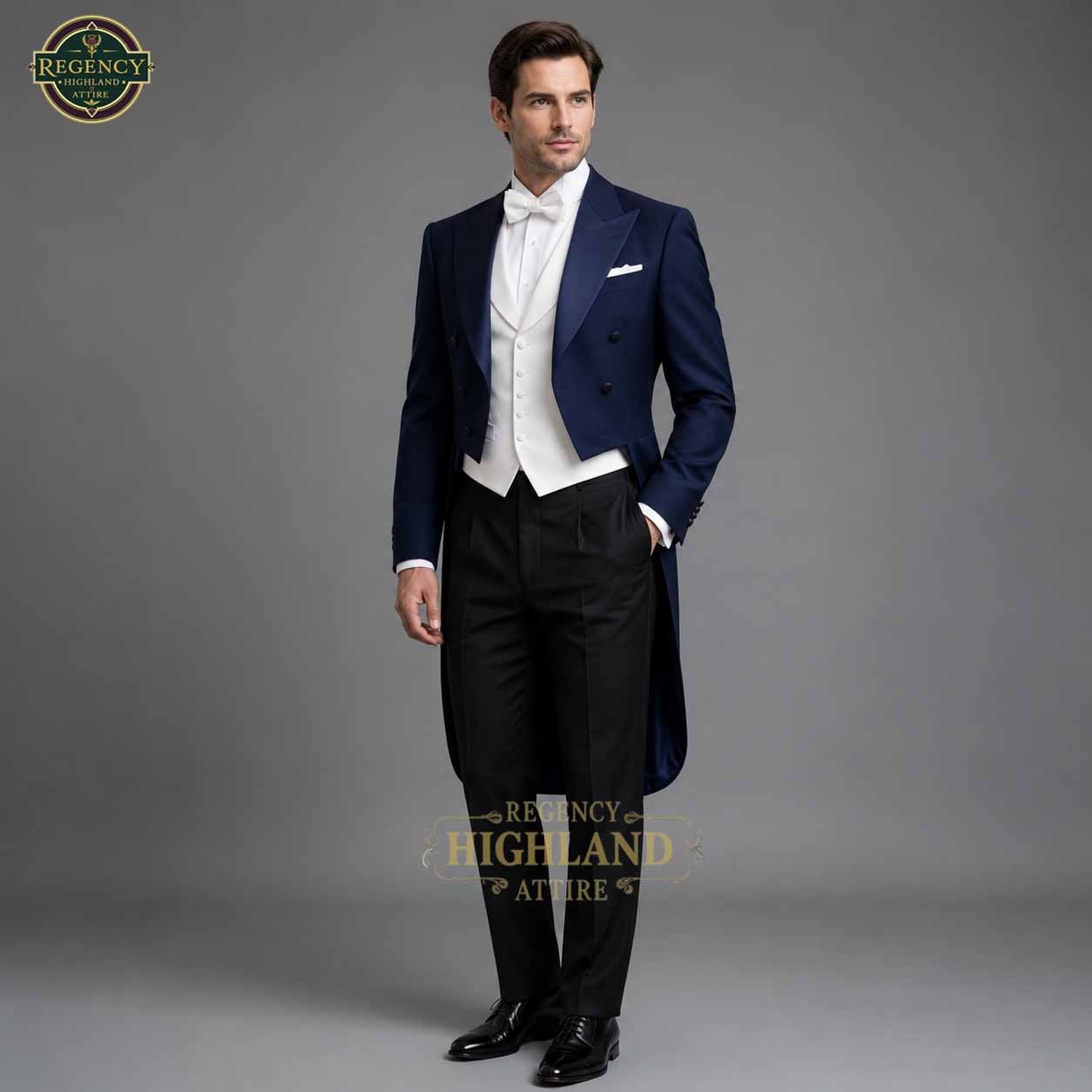 Men’s Navy Blue White Tie Tailcoat Tuxedo – Formal Evening Dress Suit