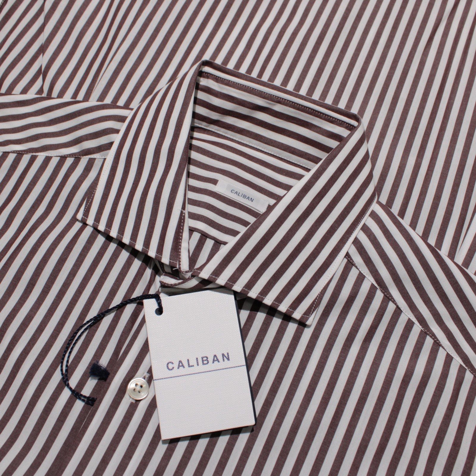 Caliban NWT Dress Shirt Size 40 15.75 Regular Brown & White Stripes 100% Cotton
