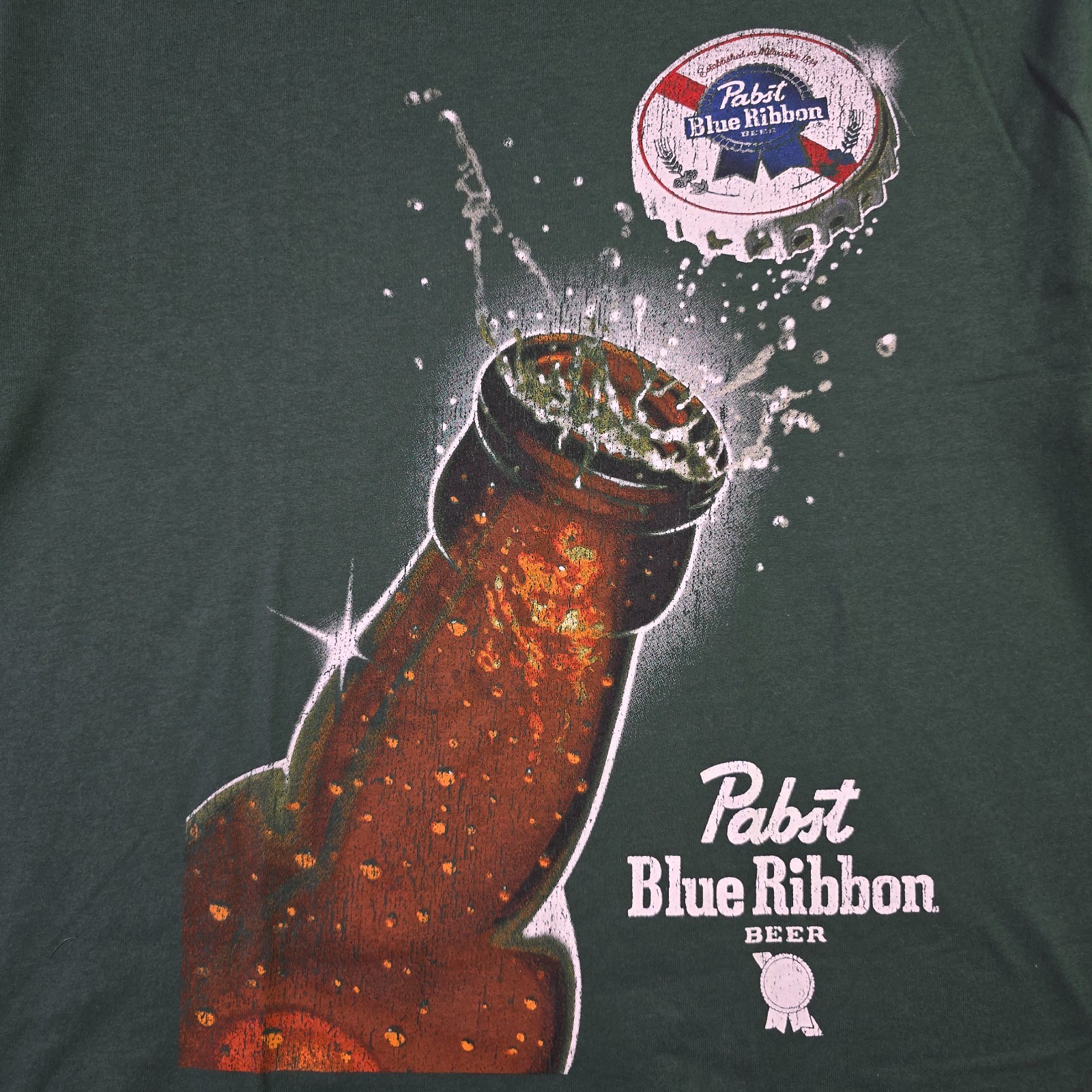 PBR Pabst Blue Ribbon Beer Shirt Mens Large Green Casual Distressed Bottle NWT