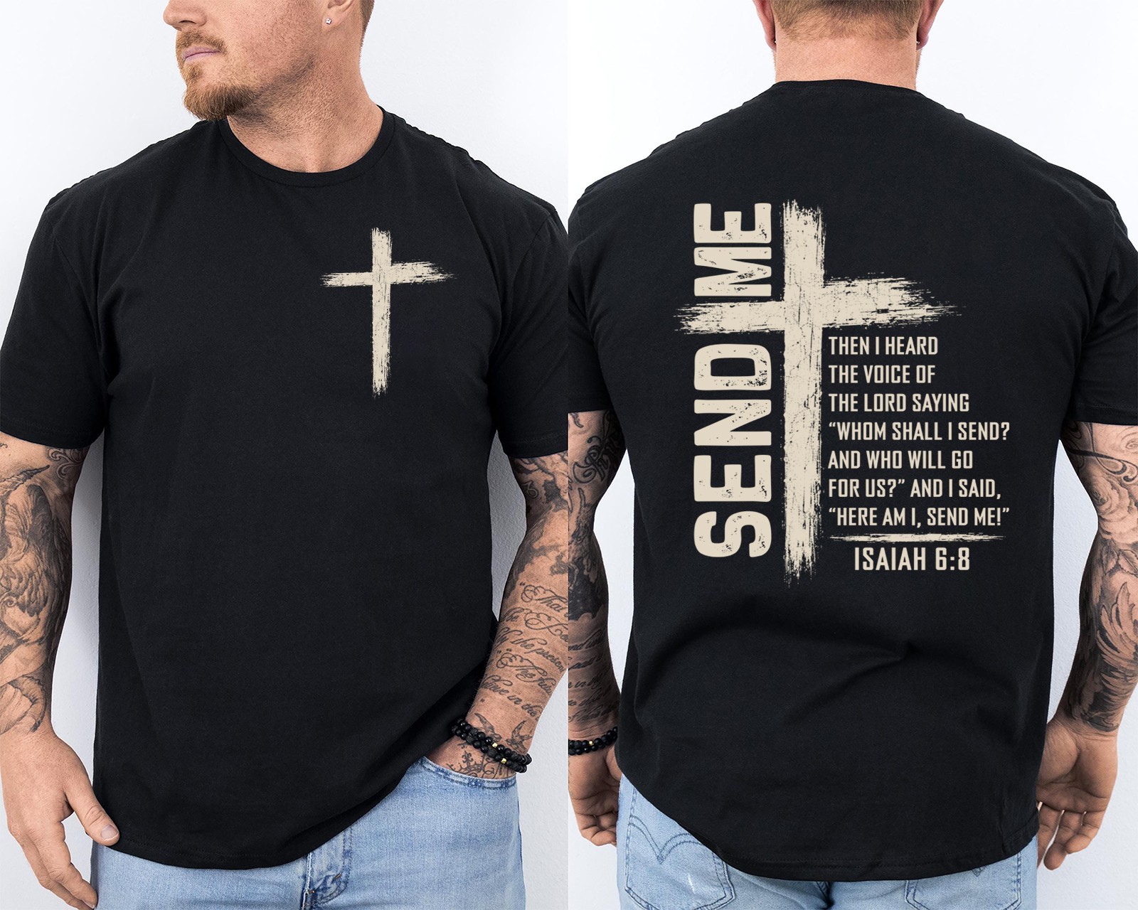 Send Me Isaiah 6:8 Christian Cross Here Am I Send Me Retro Front & Back T-Shirt