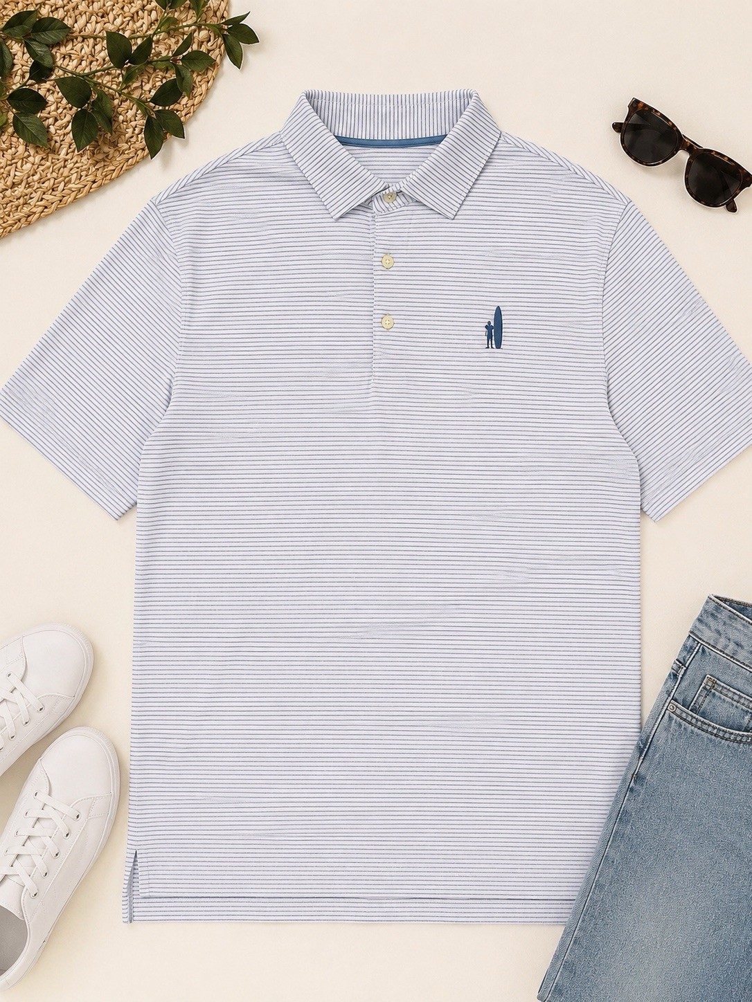 johnnie-O UPF 50 Performance Striped Short Sleeve Polo Shirt White/Blue XL