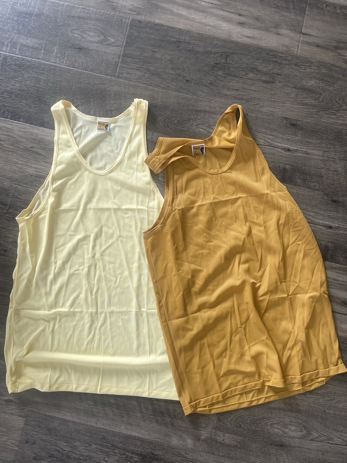 VTG Tank Tops Muscle Undershirts Nylon V Neck Sheer Men’s Sz S Anhurst Bold One
