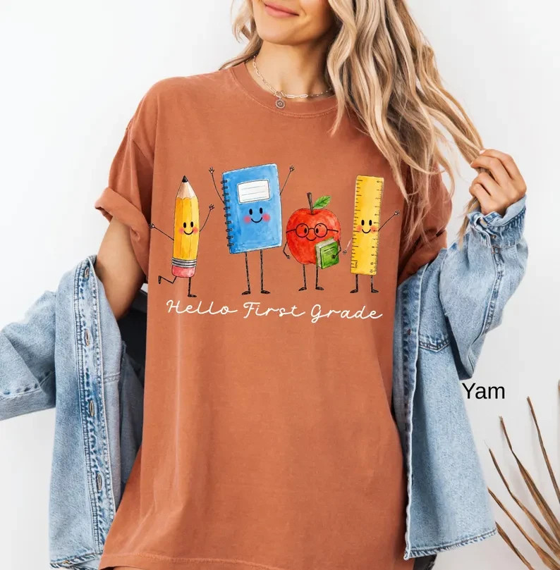 Cute Pencil Notebook Apple Ruler Graphic Tee Funny School Shirt Unisex T-Shirt
