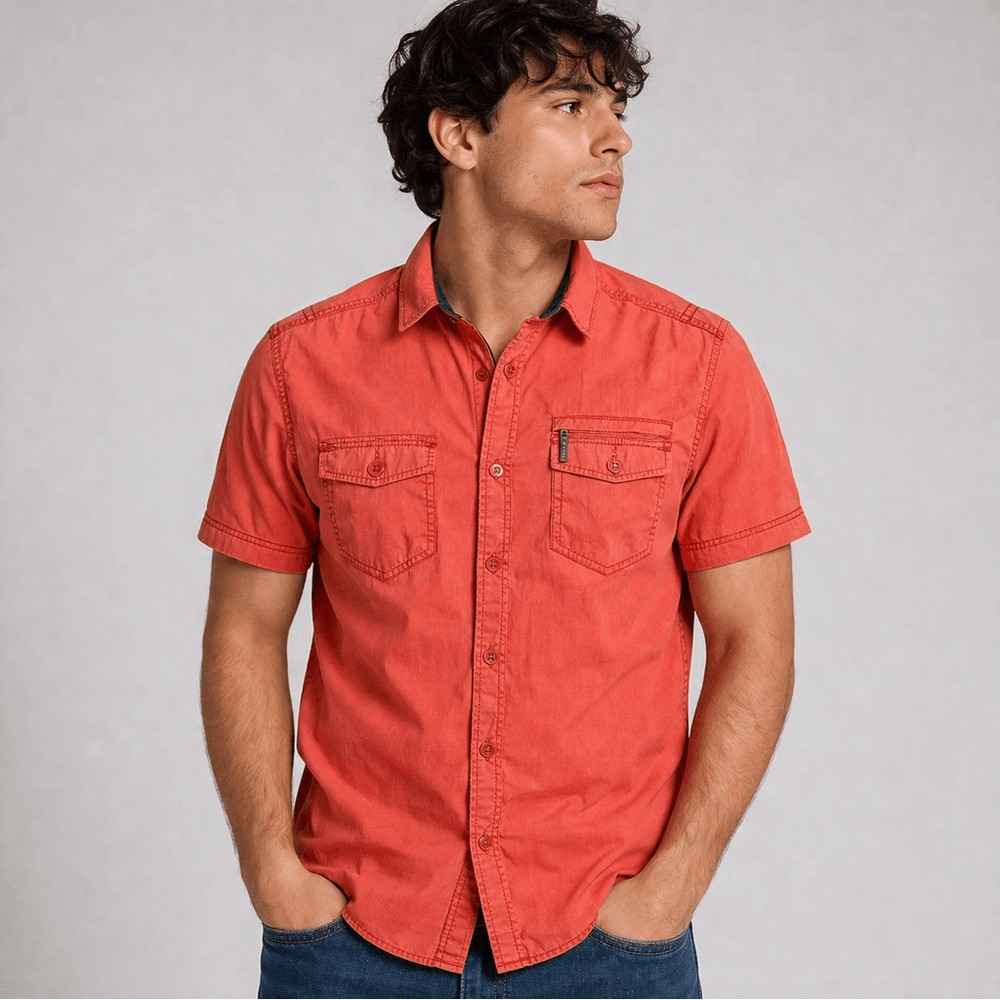a.n.a Men’s Short-Sleeve Button-Down Shirt in Coral Red