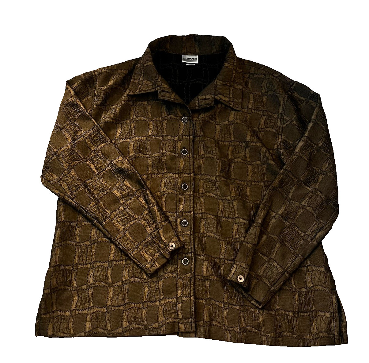 Chicos Men’s Brown Textured Button Up Shirt Long Sleeve Geometric Pattern Size 3
