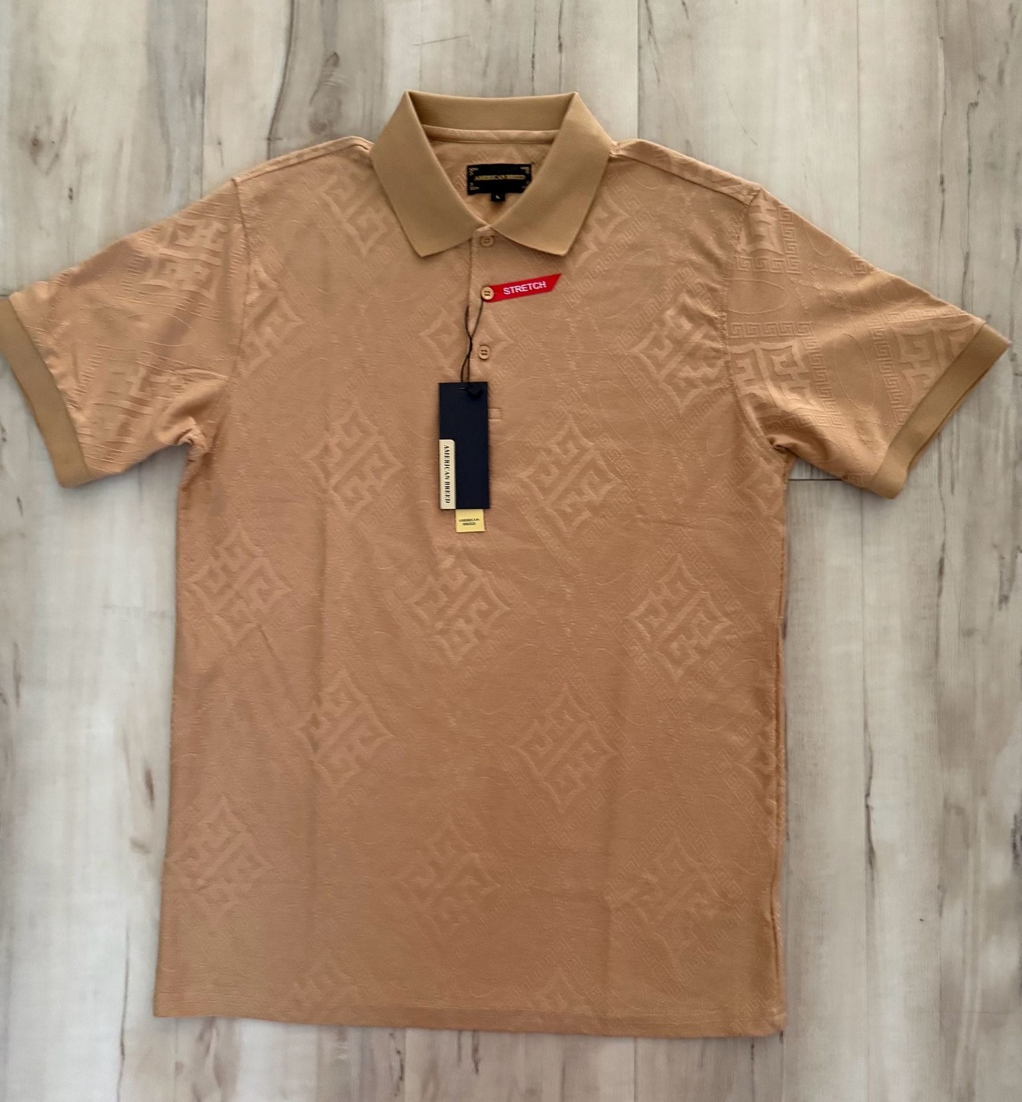 American Breed Men’s Textured Geometric Pattern Stretch Polo Shirt – Khaki/Tan