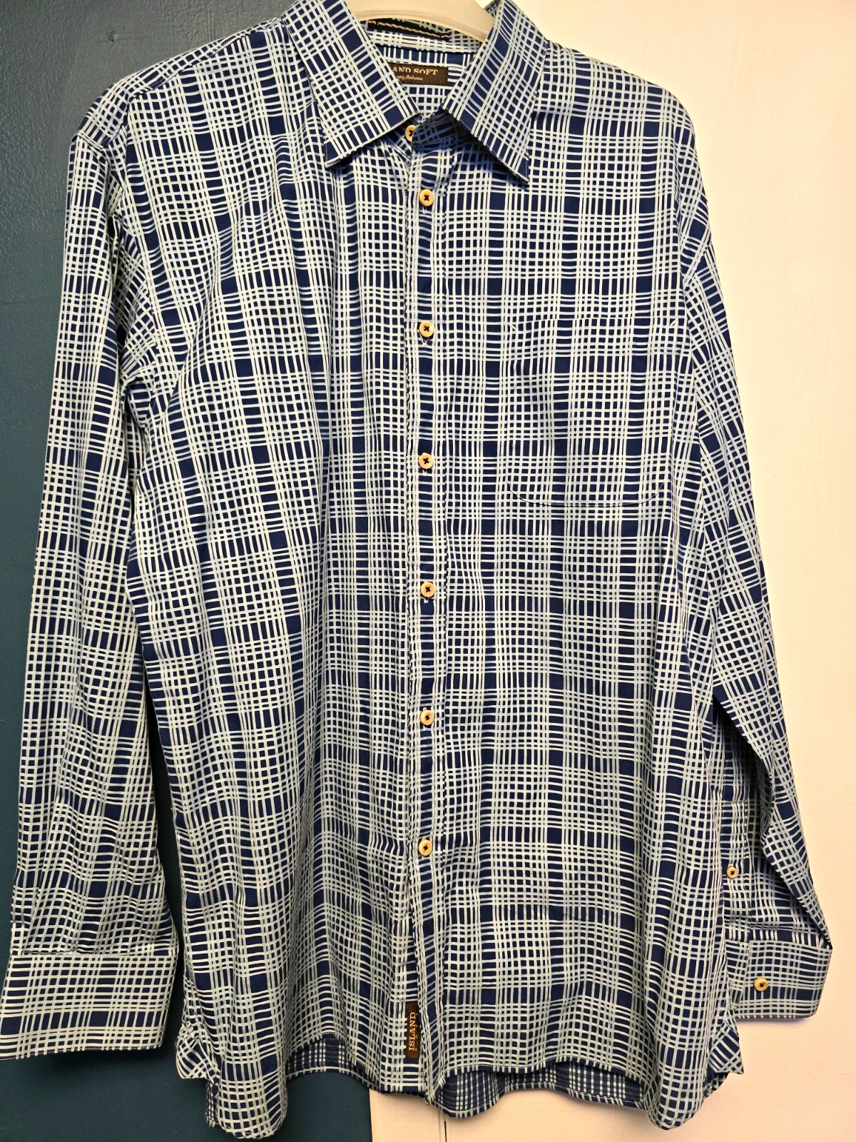 Land’s End Men’s XL Blue/White Plaid Button-Up Shirt Long Sleeve Point Collar