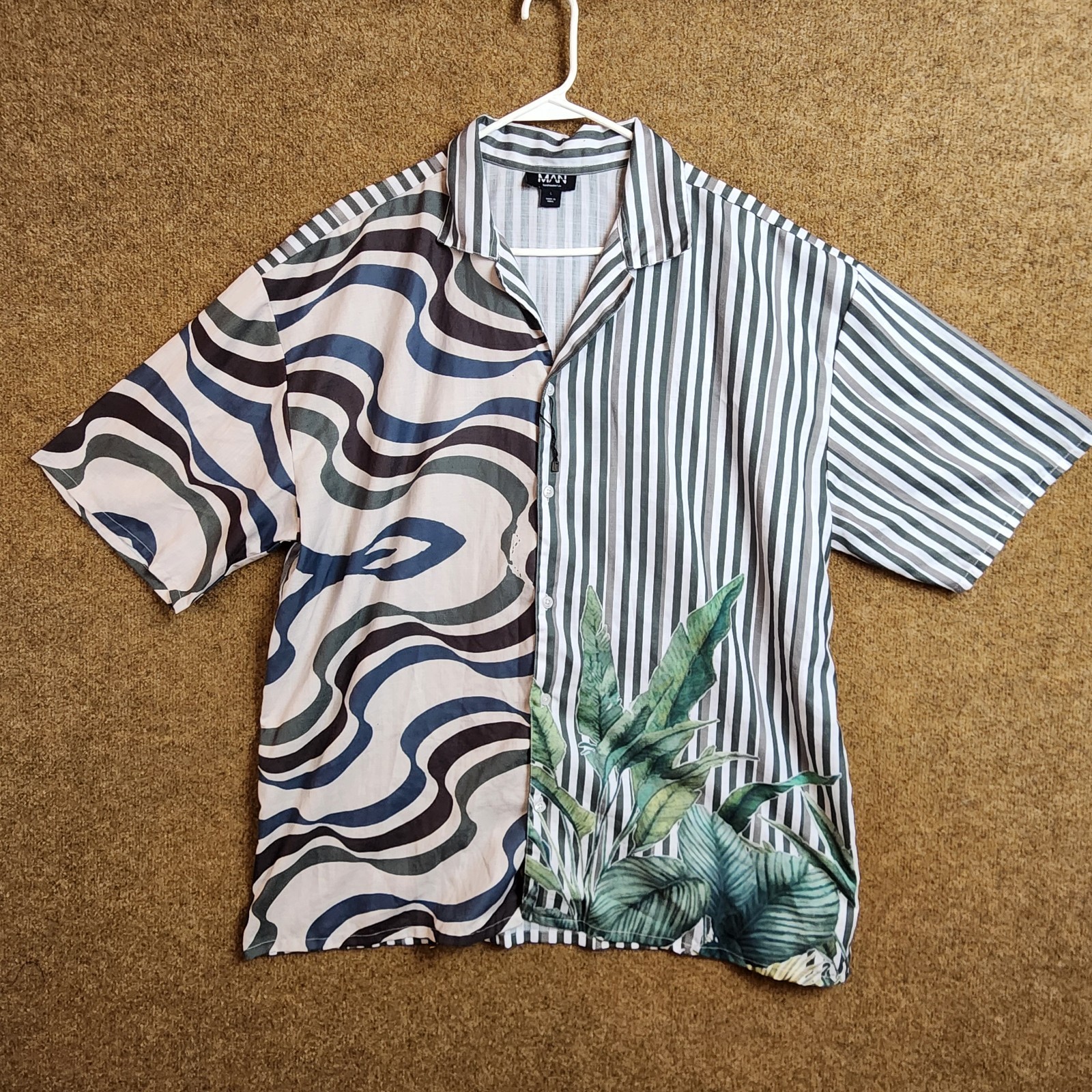 NWOT Boohoo Man Oversized Shirt Button Up Down L Multicolor Stripe Lightweight