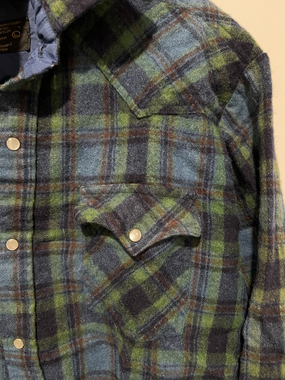 Vintage Kmart Plaid Wool Flannel Button Up Shirt Size L Machine Washable Blue