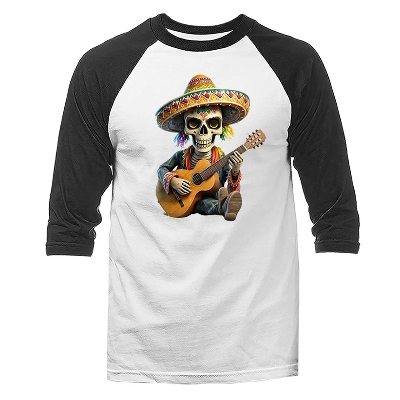 Cinco De Mayo Skull Playing Guitar 3/4 Sleeve Raglan