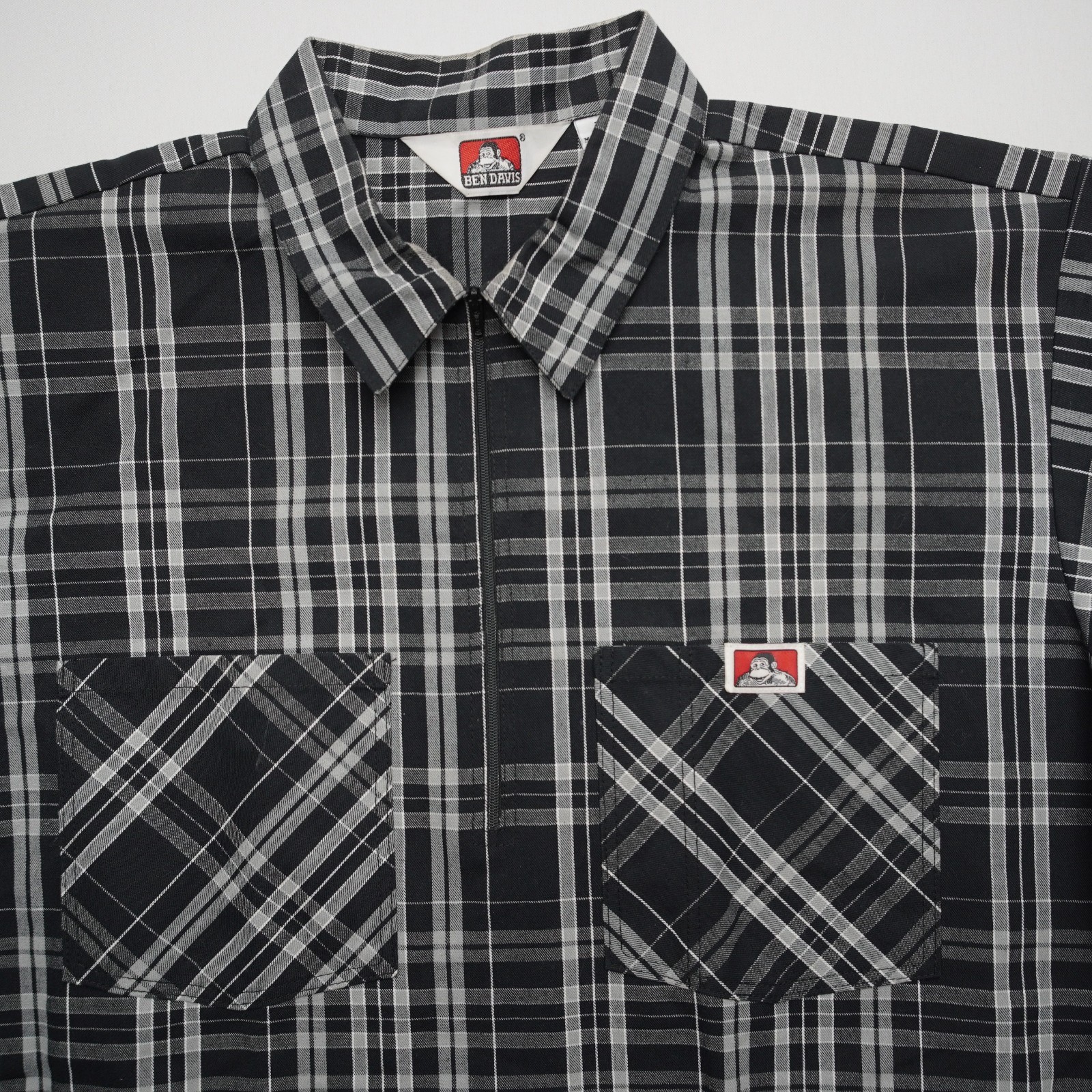 Ben Davis Mens Plaid Half Zip Short Sleeve Work Shirt Black XL USA Made