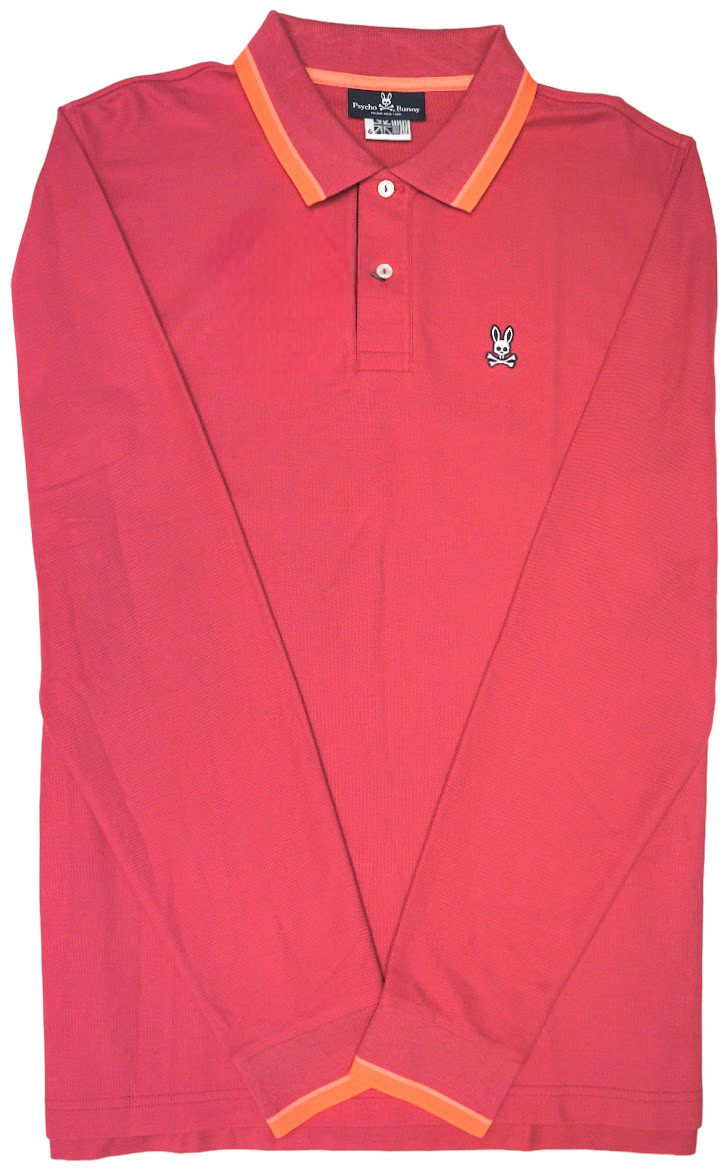 Psycho Bunny Mens Long Sleeve Banded Polo Shirt Pink Jersey Mesh $120