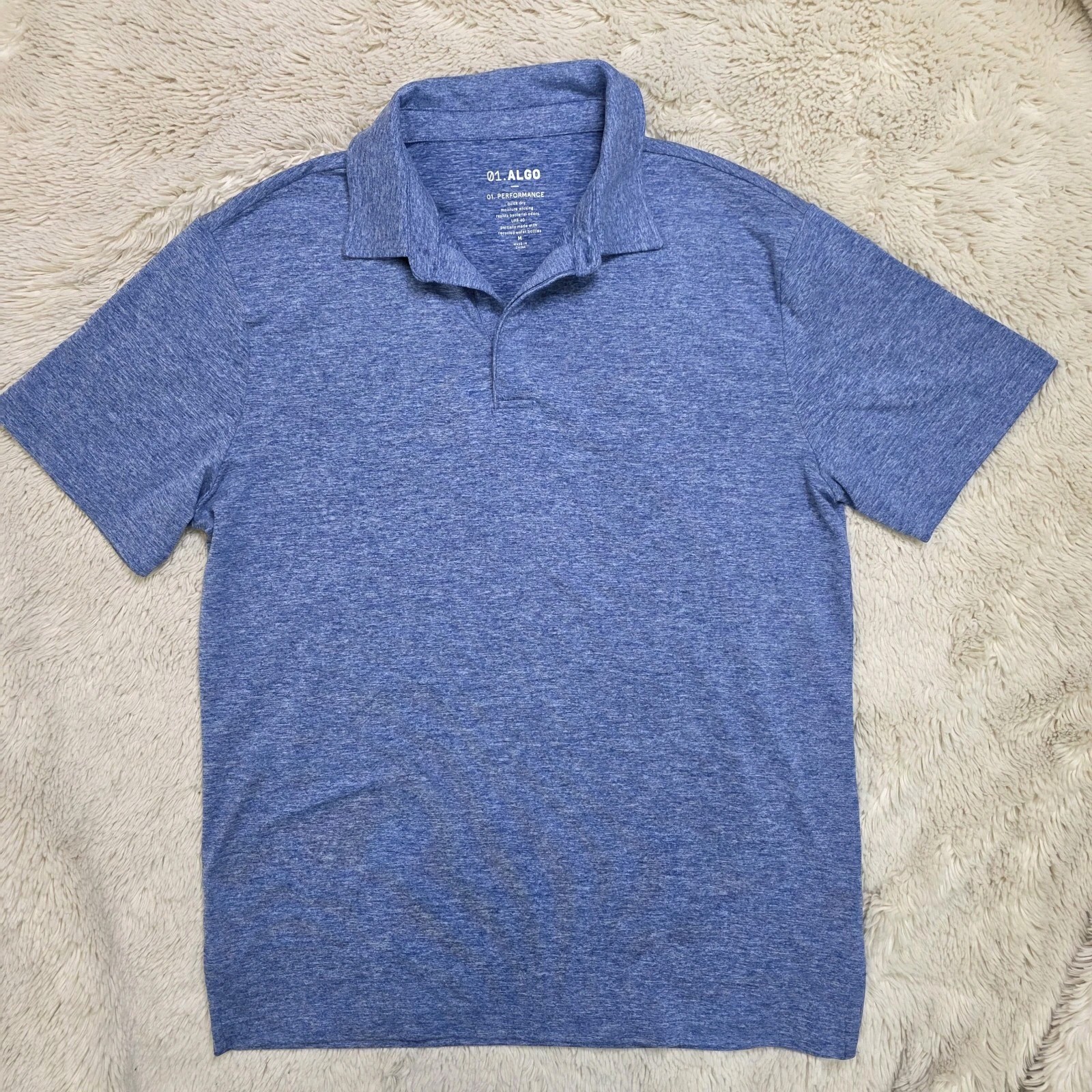 01.Algo Mens Medium Blue Performance Polo Shirt SPF Anti Odor Quick Dry Eco