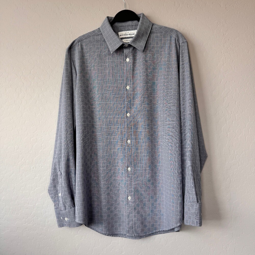 Mizzen+Main Leeward Dress Shirt Stretch Button Up Blue Check XL Trim Fit