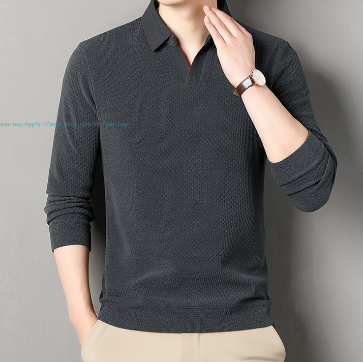 New Basic Turn-Down Collar T-Shirts Men’s Casual Long Sleeve Vintage Buttom Tops