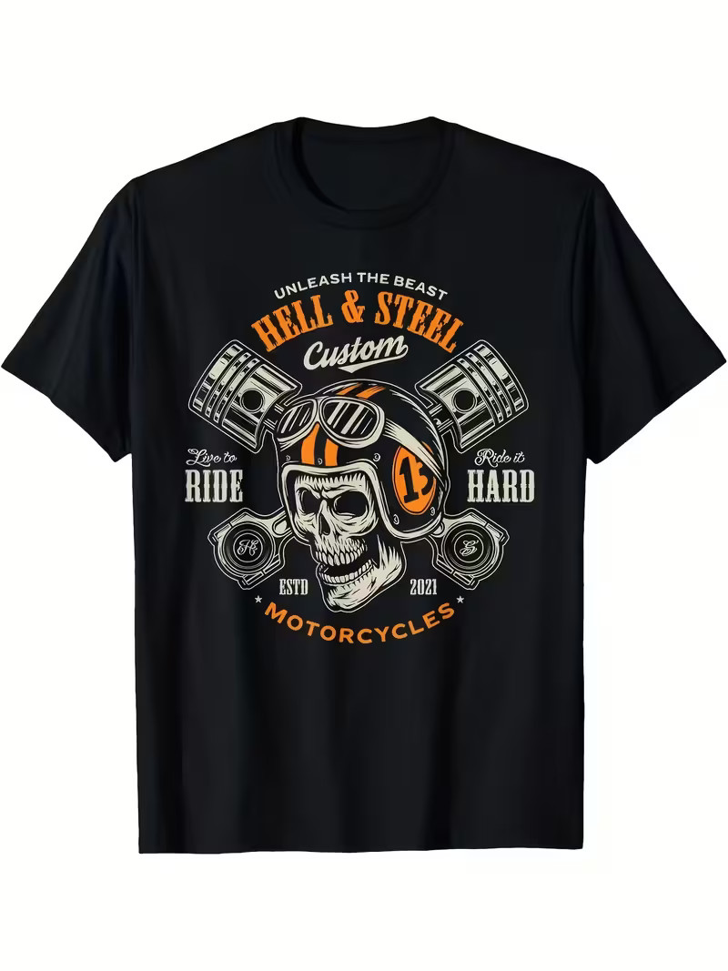 Men’s Motorcycle Graphic T-Shirt – Breathable Round Neck Tee with Skull & Gears