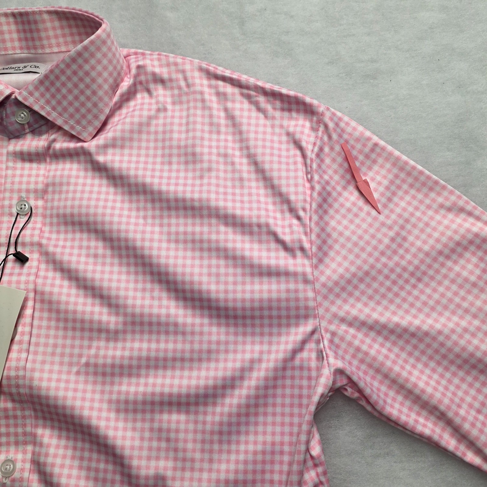 Collars and Co Men Dress Collar Stretch Long Sleeve Polo Shirt Sz S Pink Gingham