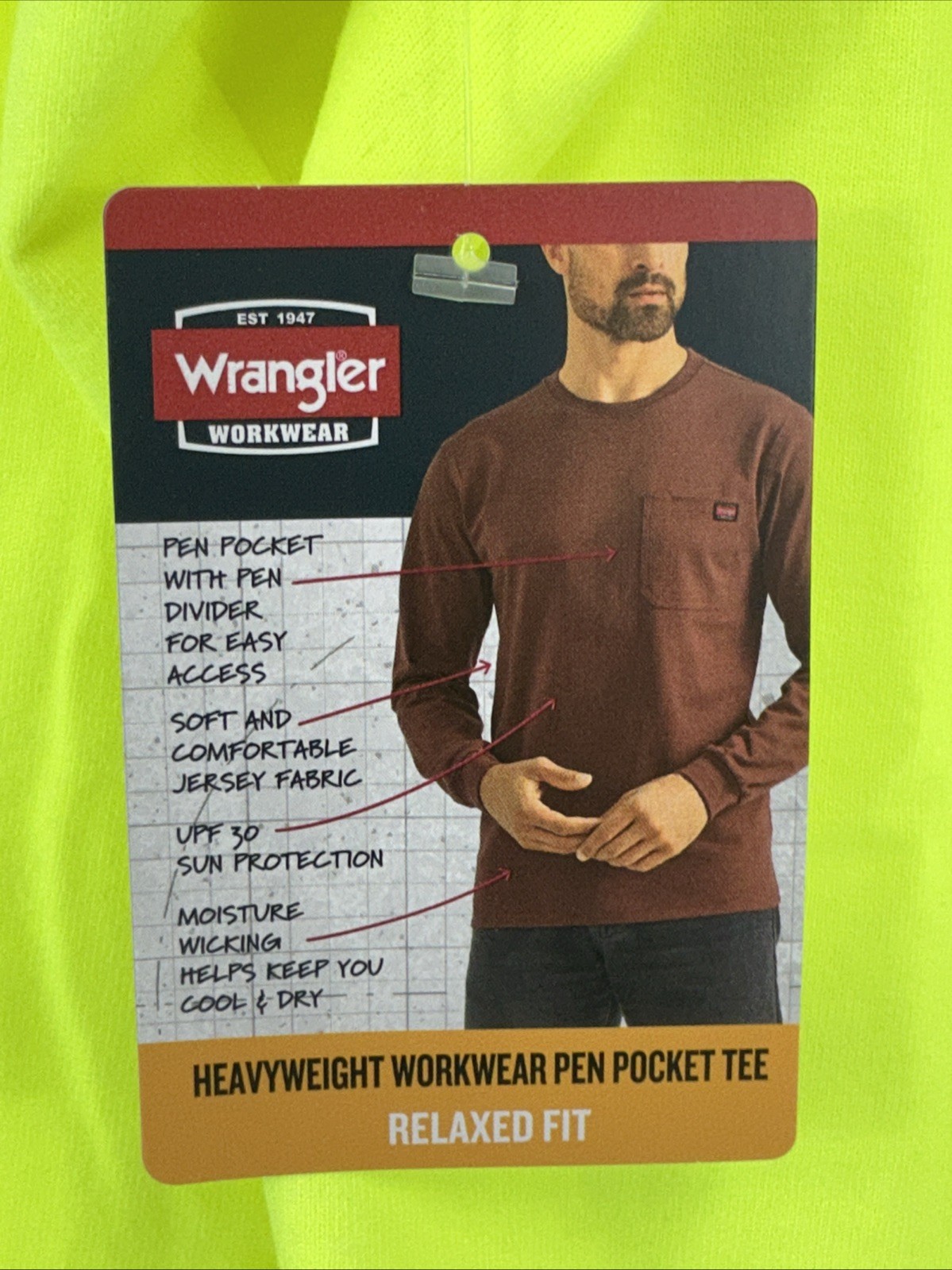 NWT Wrangler Workwear Men’s Hi-Vis Yellow Long Sleeve Pocket T-Shirt Size XL