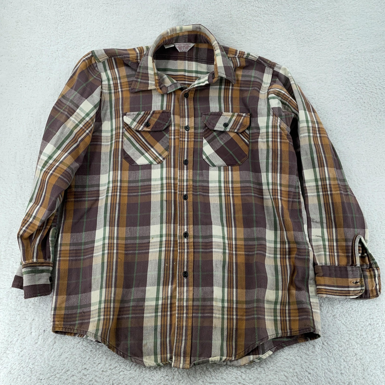 Vtg 80s Frostproof Dress Shirt Men FITS 2XL Brown Green Plaid Flannel Collar USA