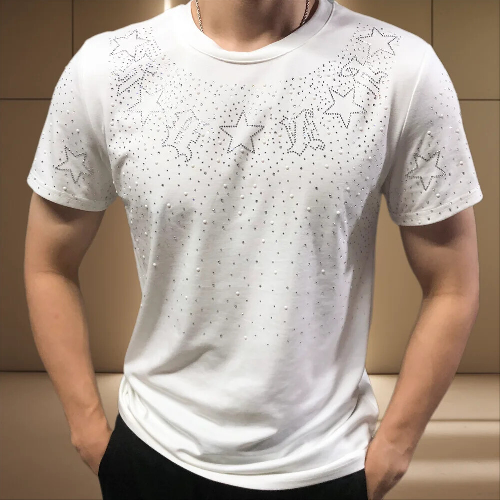 Fashion Star Rhinestone Diamond Summer Short Sleeve Luxury Men Trend T-Shirt