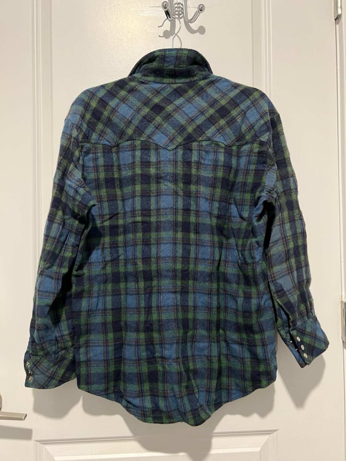 Vintage Kmart Plaid Wool Flannel Button Up Shirt Size L Machine Washable Blue