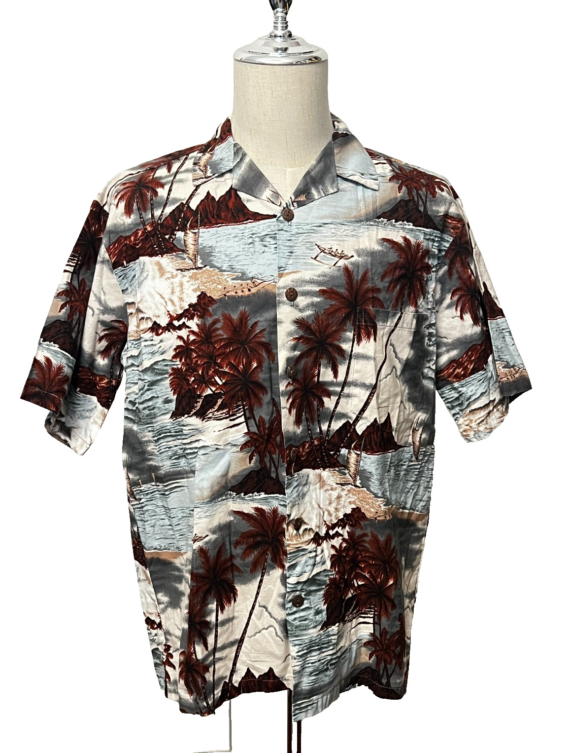 Vtg HILO HATTIE Hawaiian Aloha Shirt Men’s M Cotton USA Made Palm Trees Volcano