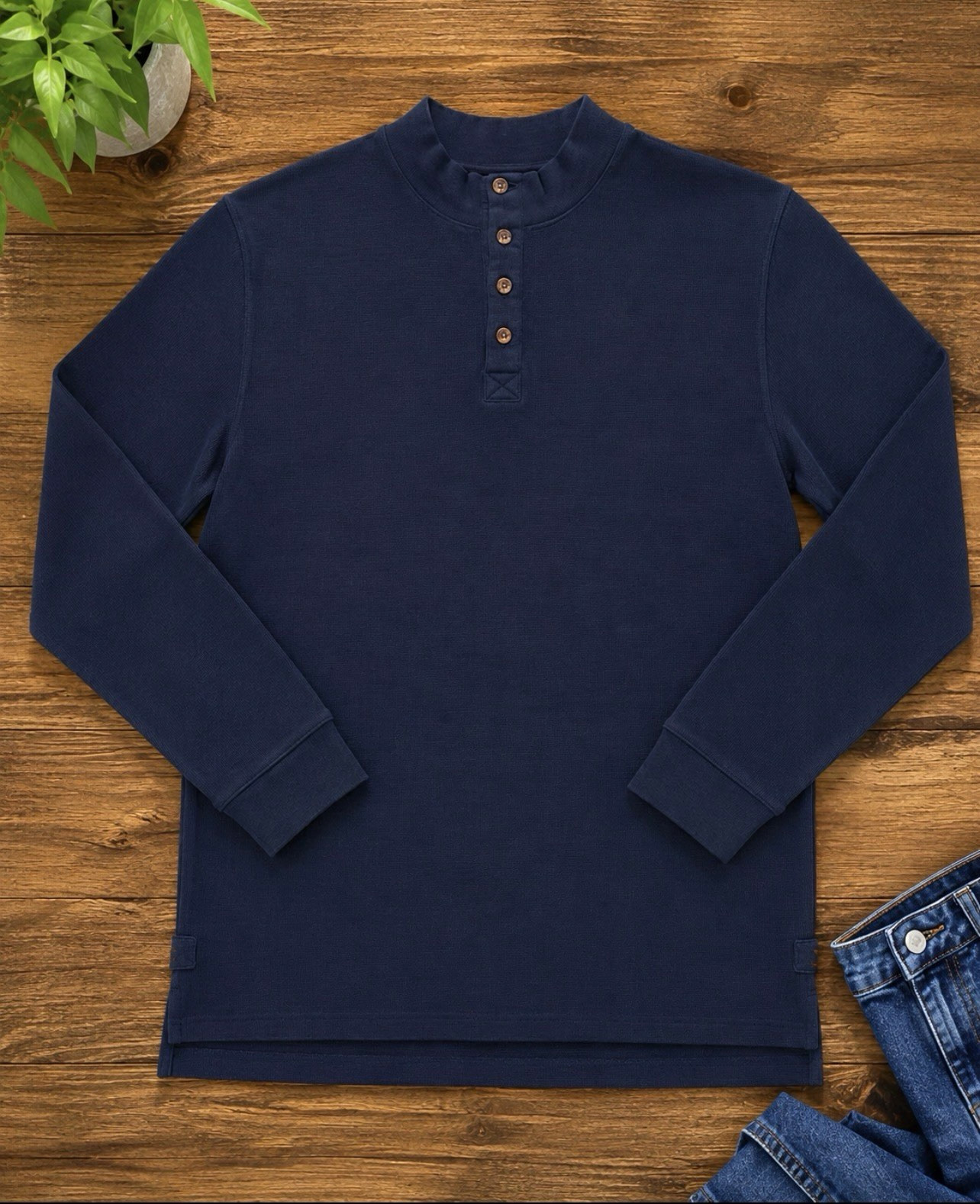 Duluth Trading Co XL Trim Fit Navy Longtail Henley Shirt Stretch Cotton