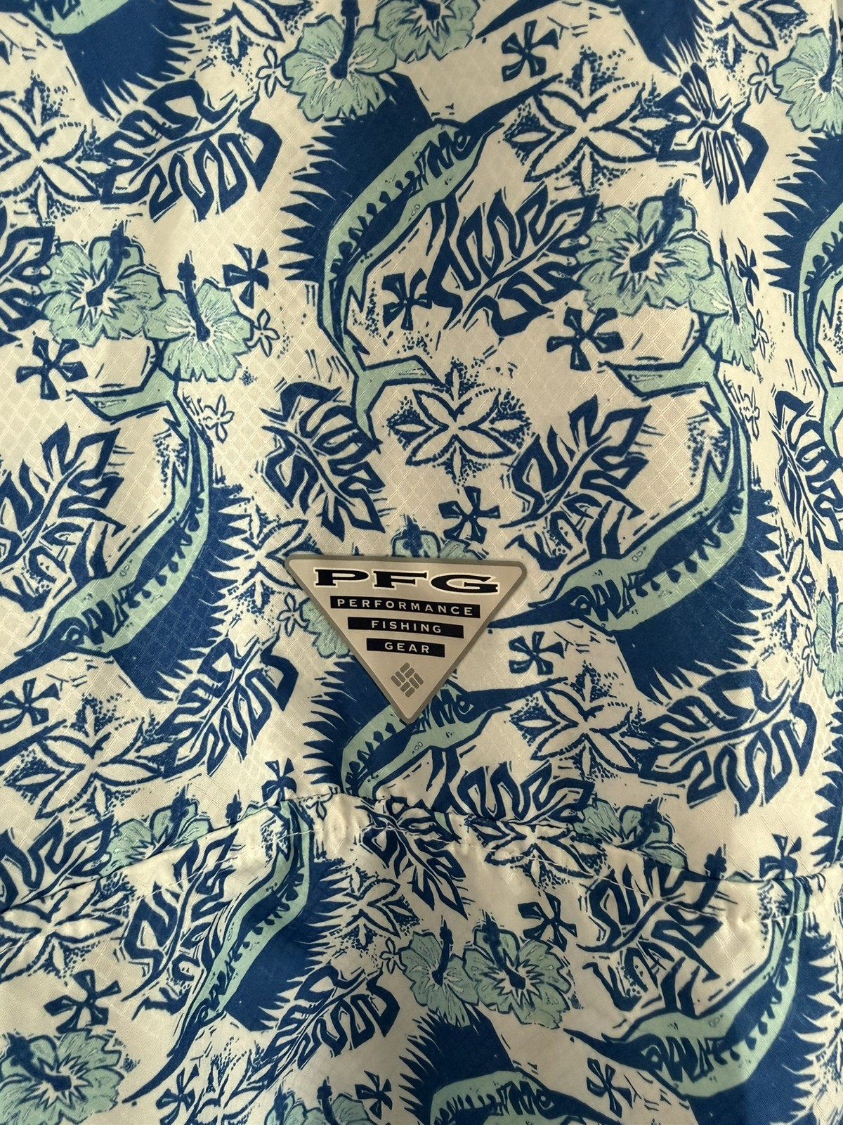 COLUMBIA PFG Super Slack Tide Blue Marlin Print SS Fishing Camp Shirt Men’s XXL