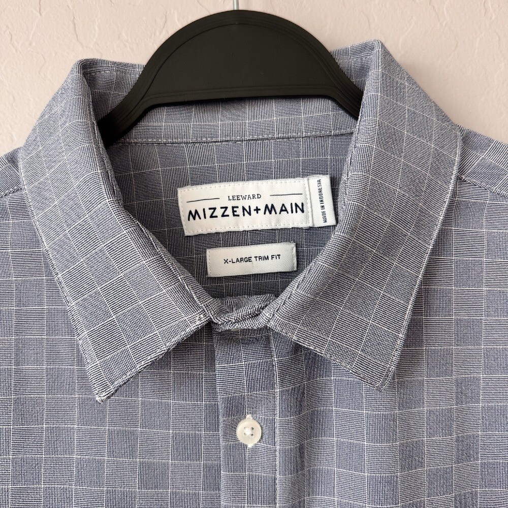 Mizzen+Main Leeward Dress Shirt Stretch Button Up Blue Check XL Trim Fit