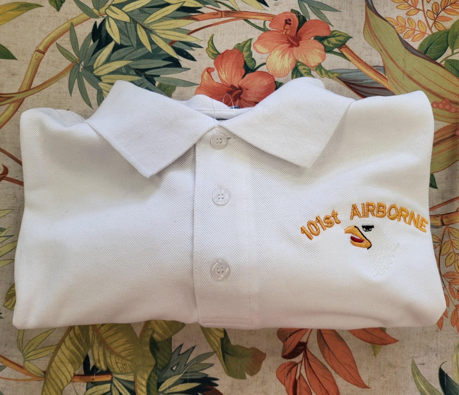 101st airborne embroidered white polo shirt (cotton/poly)