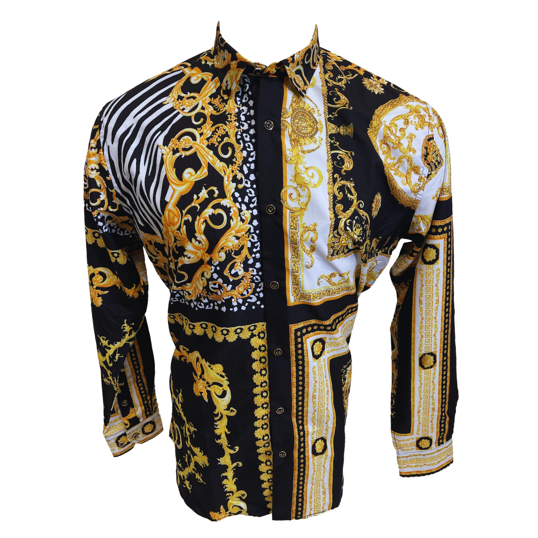Mens PREMIERE Long Sleeve Button Down Dress Shirt Black Gold Tiger Stripe Tribal