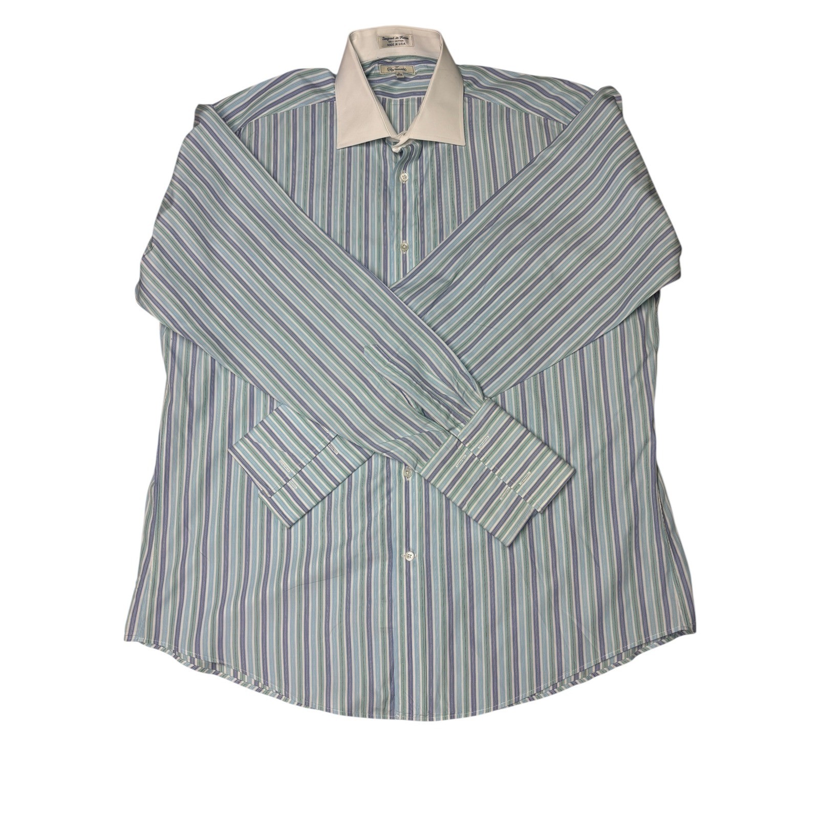 Faconnable Striped Dress Shirt Mens 17 1/2 French Cuff Long Sleeve White Collar