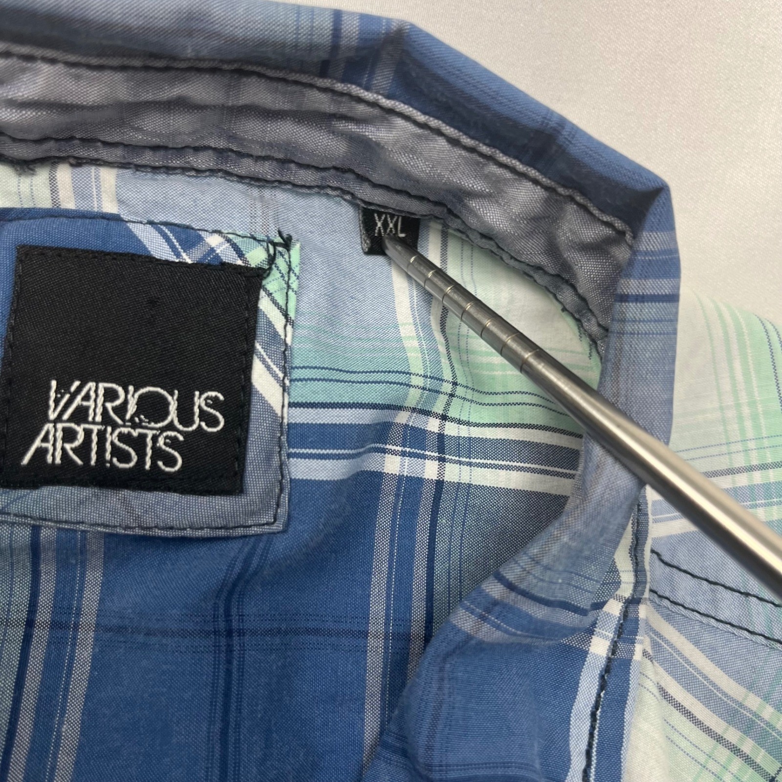 Various Artists Western Snap Shirt XXL Blue Plaid Short Sleeve Pearl Snap