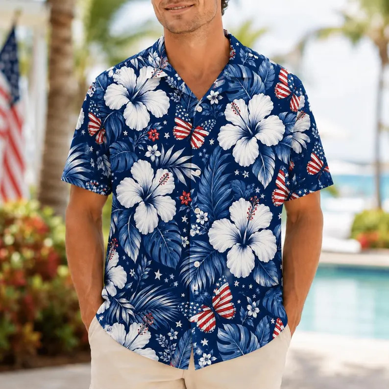 Patriotic Hawaiian Shirt, USA Flag Floral Shirt, 4th Of July Button Up Shirt