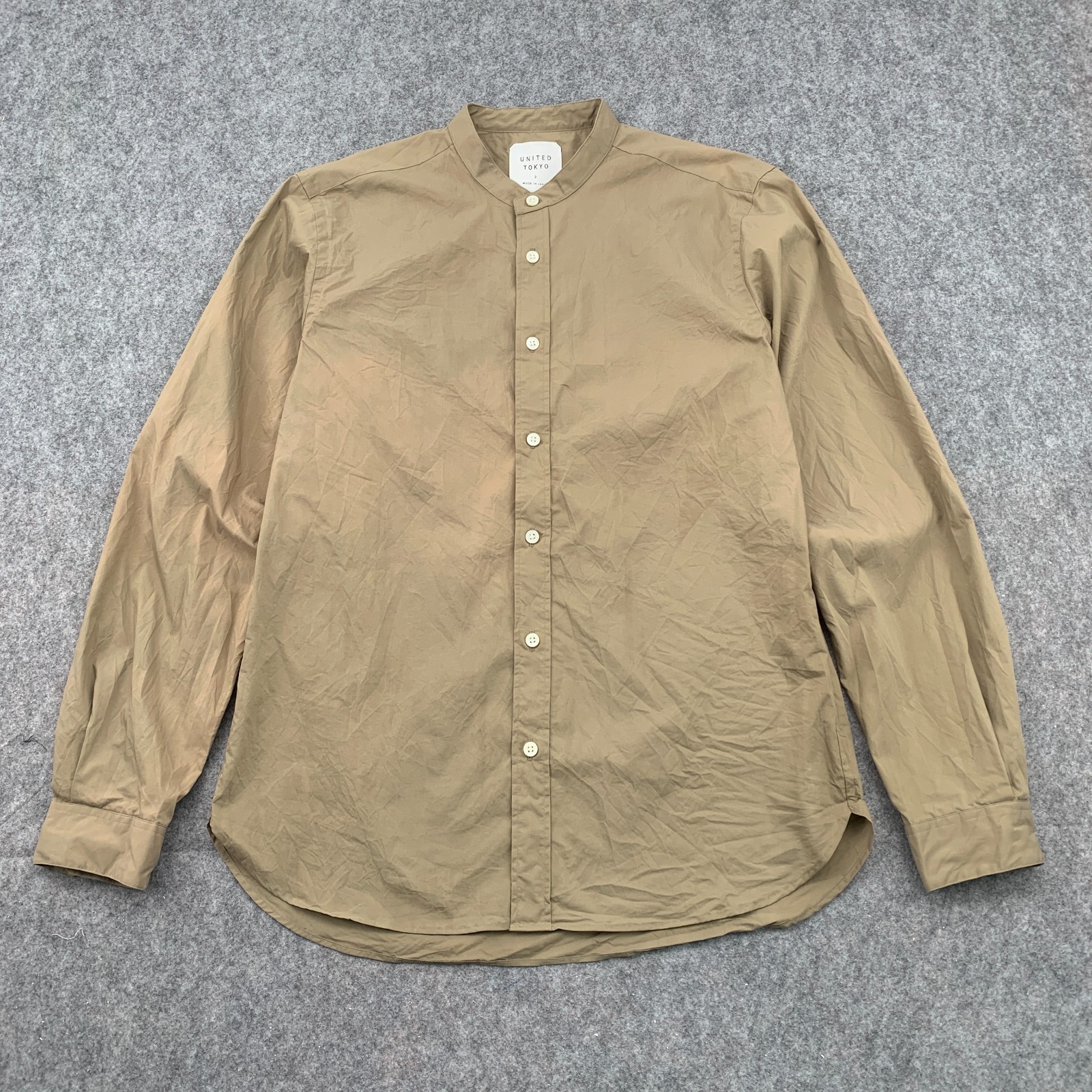United Tokyo Minimalist Band Collar Shirt Mens Size 3 Khaki Cotton Blend Japan